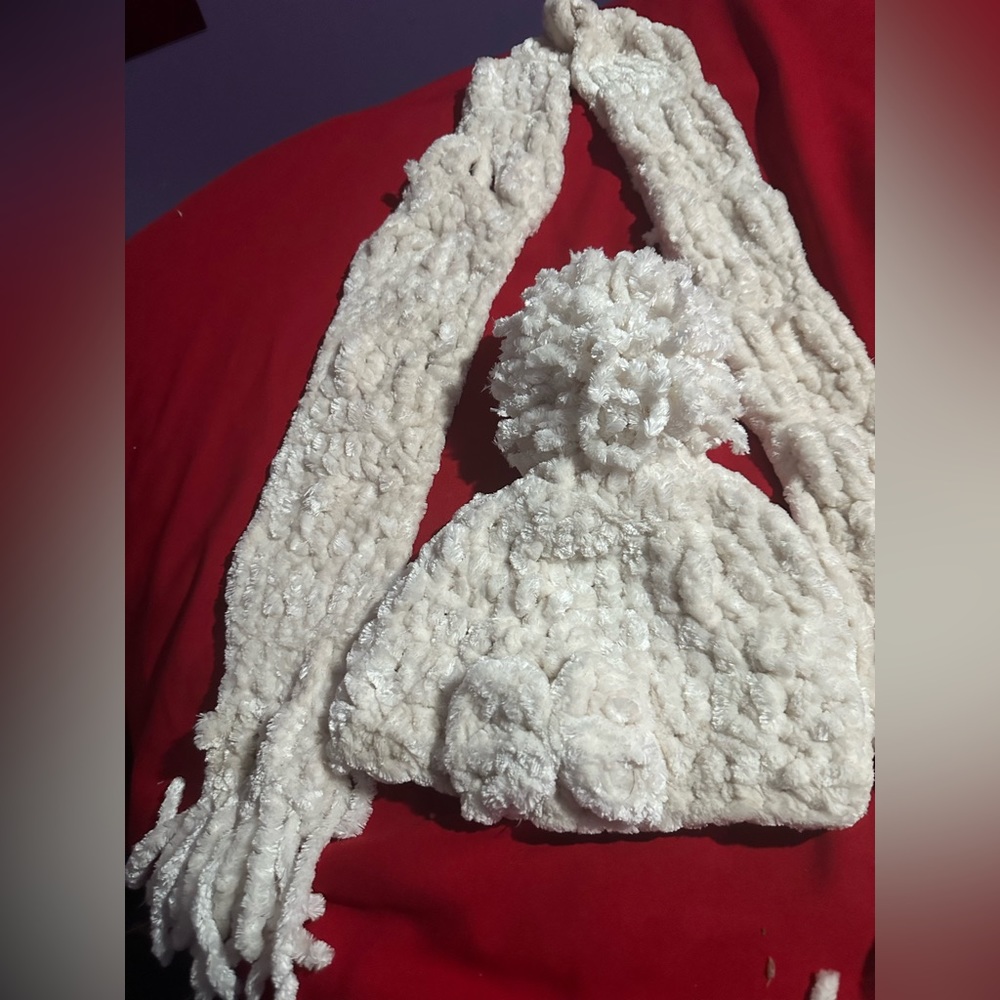 knitted cap and scarf.